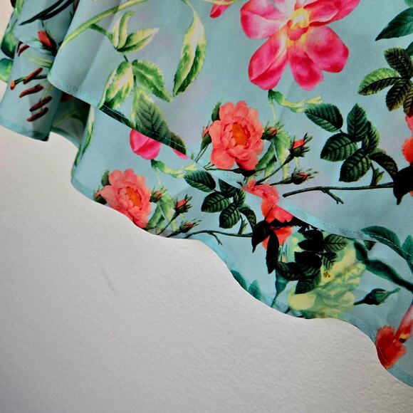 Soft Satin style floral asymmetrical midi skirt layered colorful - Picture 4 of 6